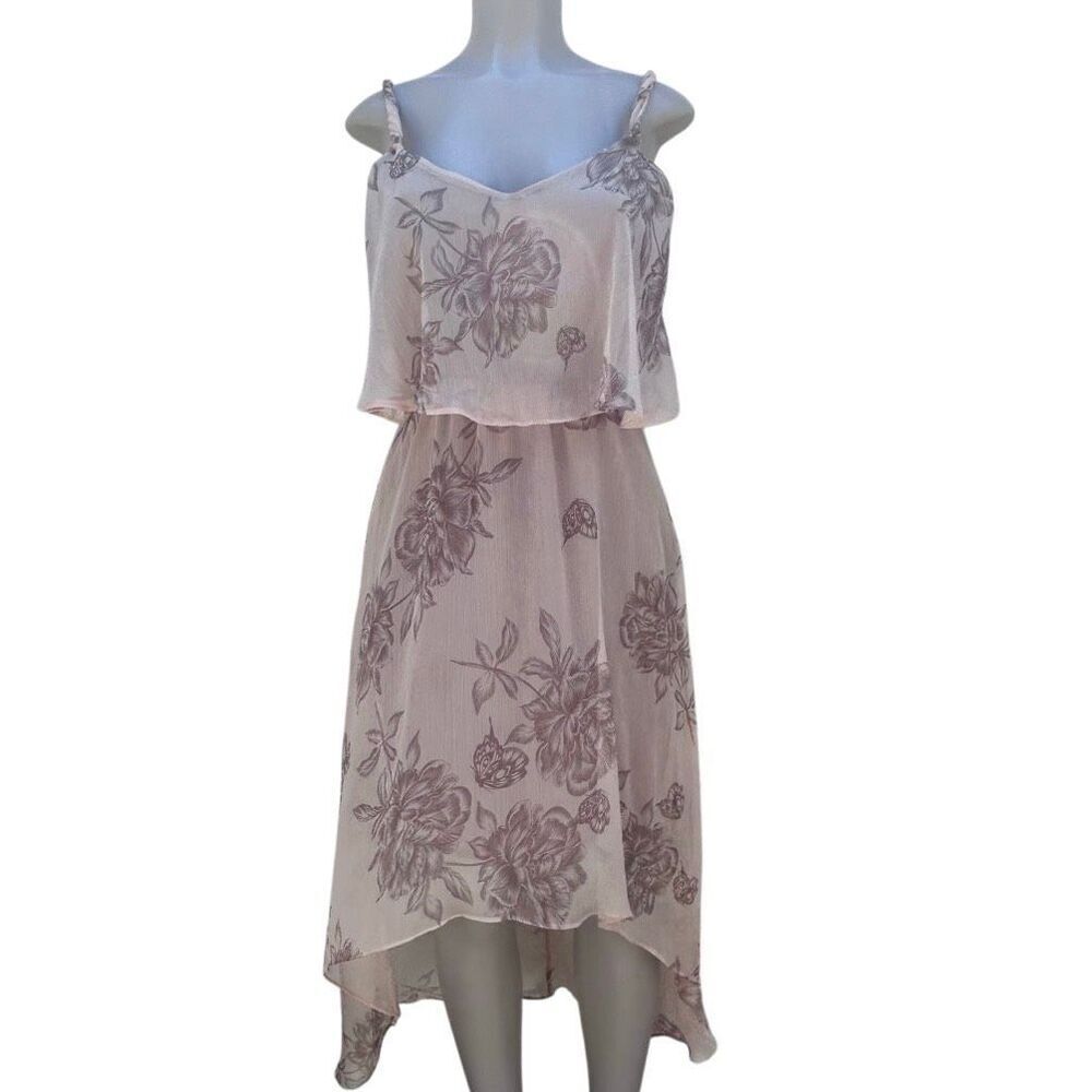 Love21 Popover High Low Dress Women's Medium Pink Taupe Floral Chiffon V-neck - Picture 2 of 14